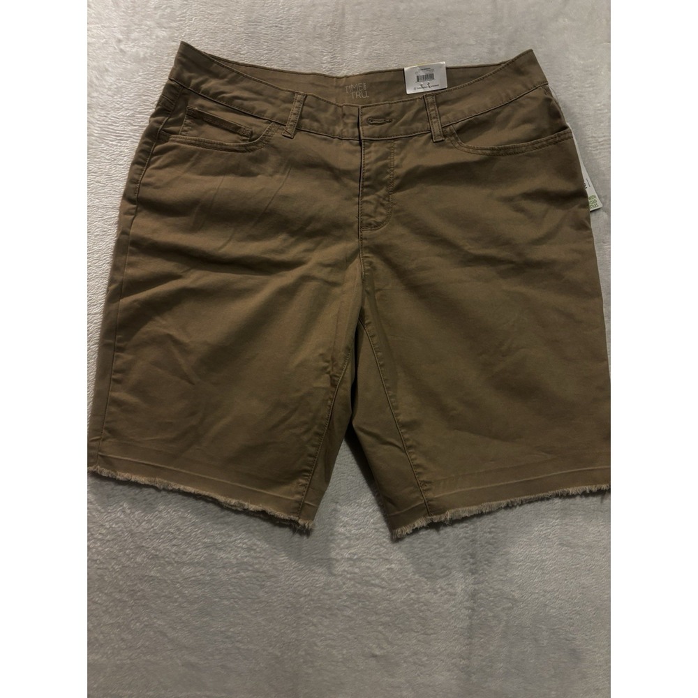NEW Time And Tru Shorts‎ Women's 14 Bermuda Khaki Distressed Raw Hem Casual